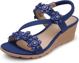 SHIBEVER Wedge Sandals for Women Dressy: Summer Open Toe Low Platform Wedges Sandals Elastic Ankle Strap Flower Comfortable Casual Shoes