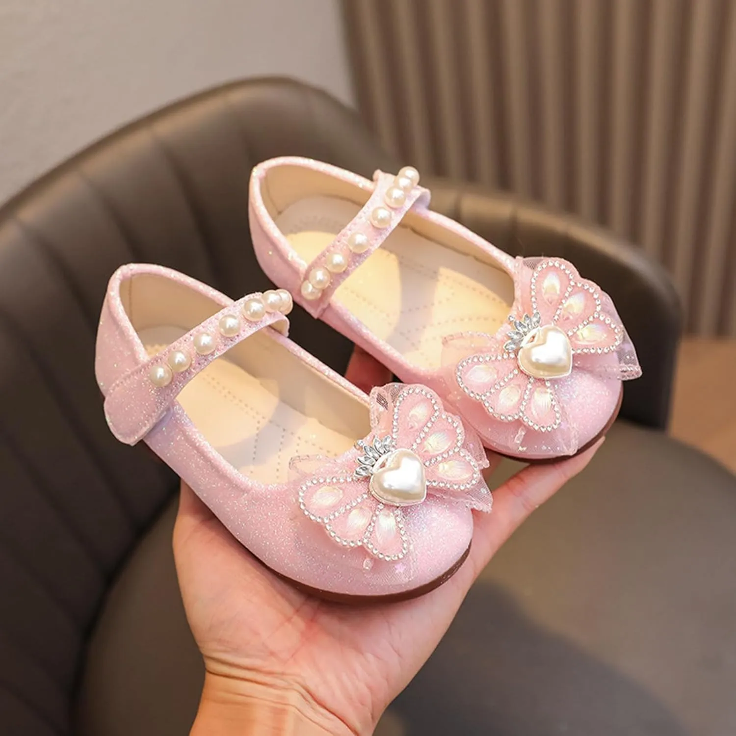 Toddler Girls Mary Jane Dress Shoes Ballet Flats Bridesmaids Heels Glitter Princess Shoes for Baptism/Crawling