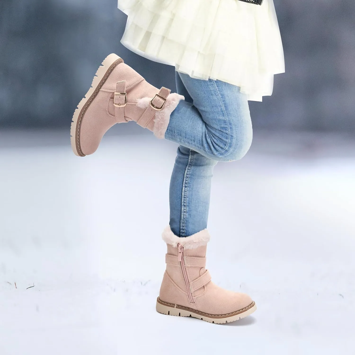 TZJS Girls Warm Winter Boots Kids Fashion Faux Fur Lined Snow Boot Side Zipper Lightweight Durable Outdoor Walking Shoes for Toddler/Little Kid