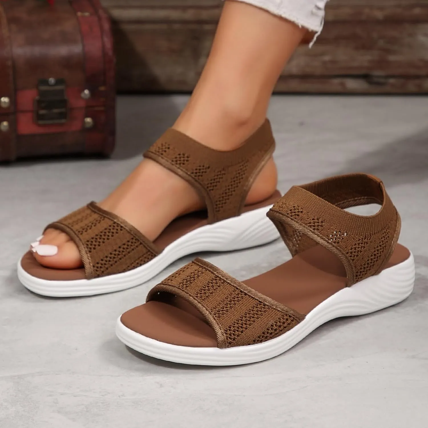 Women Summer Sandals Open Toe Slip On Dressy Sandal Hollow Elastic Ankle Strap Low Wedges Comfortable Beach Shoes