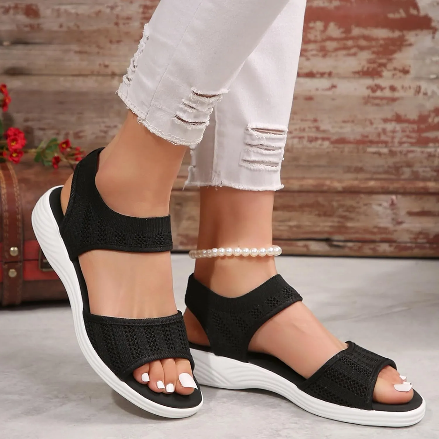 Women Summer Sandals Open Toe Slip On Dressy Sandal Hollow Elastic Ankle Strap Low Wedges Comfortable Beach Shoes