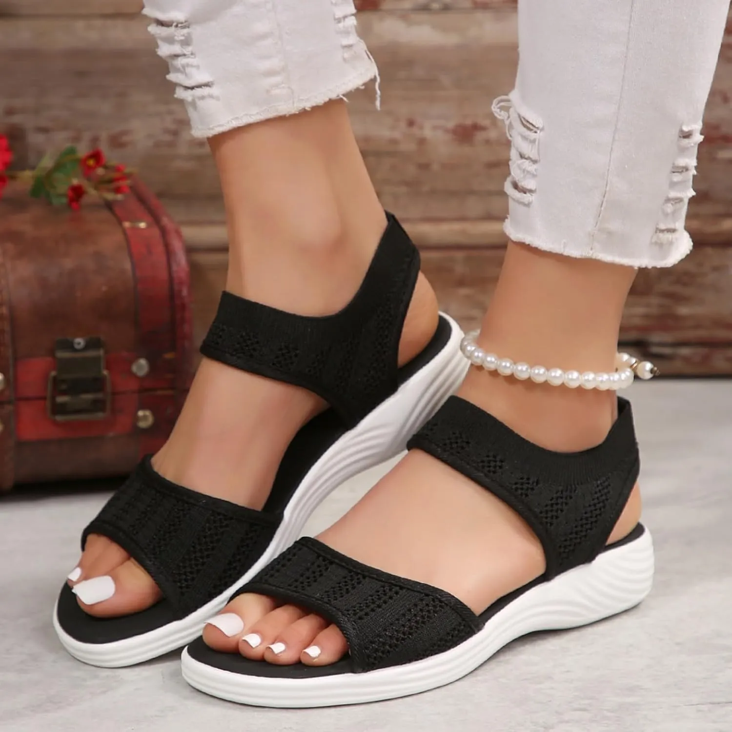 Women Summer Sandals Open Toe Slip On Dressy Sandal Hollow Elastic Ankle Strap Low Wedges Comfortable Beach Shoes