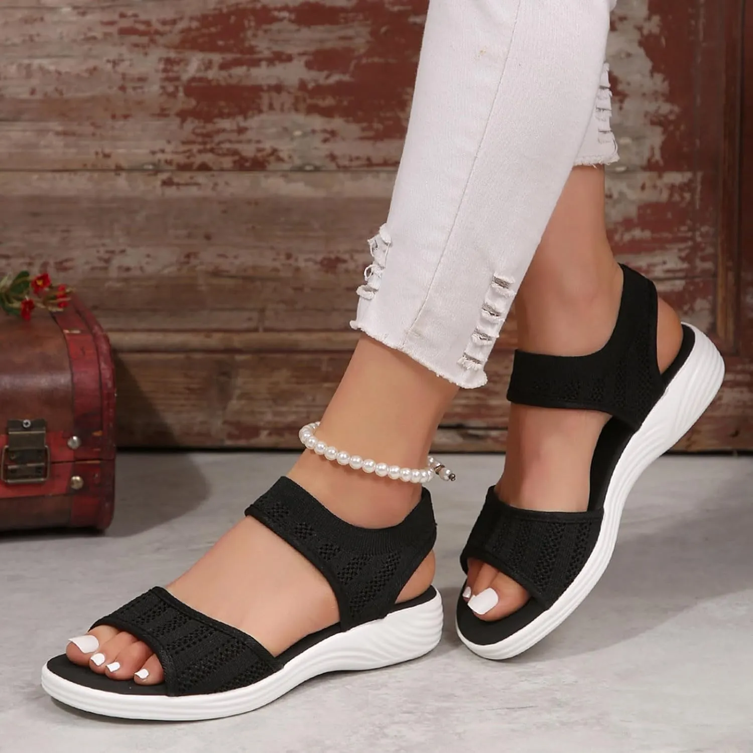 Women Summer Sandals Open Toe Slip On Dressy Sandal Hollow Elastic Ankle Strap Low Wedges Comfortable Beach Shoes