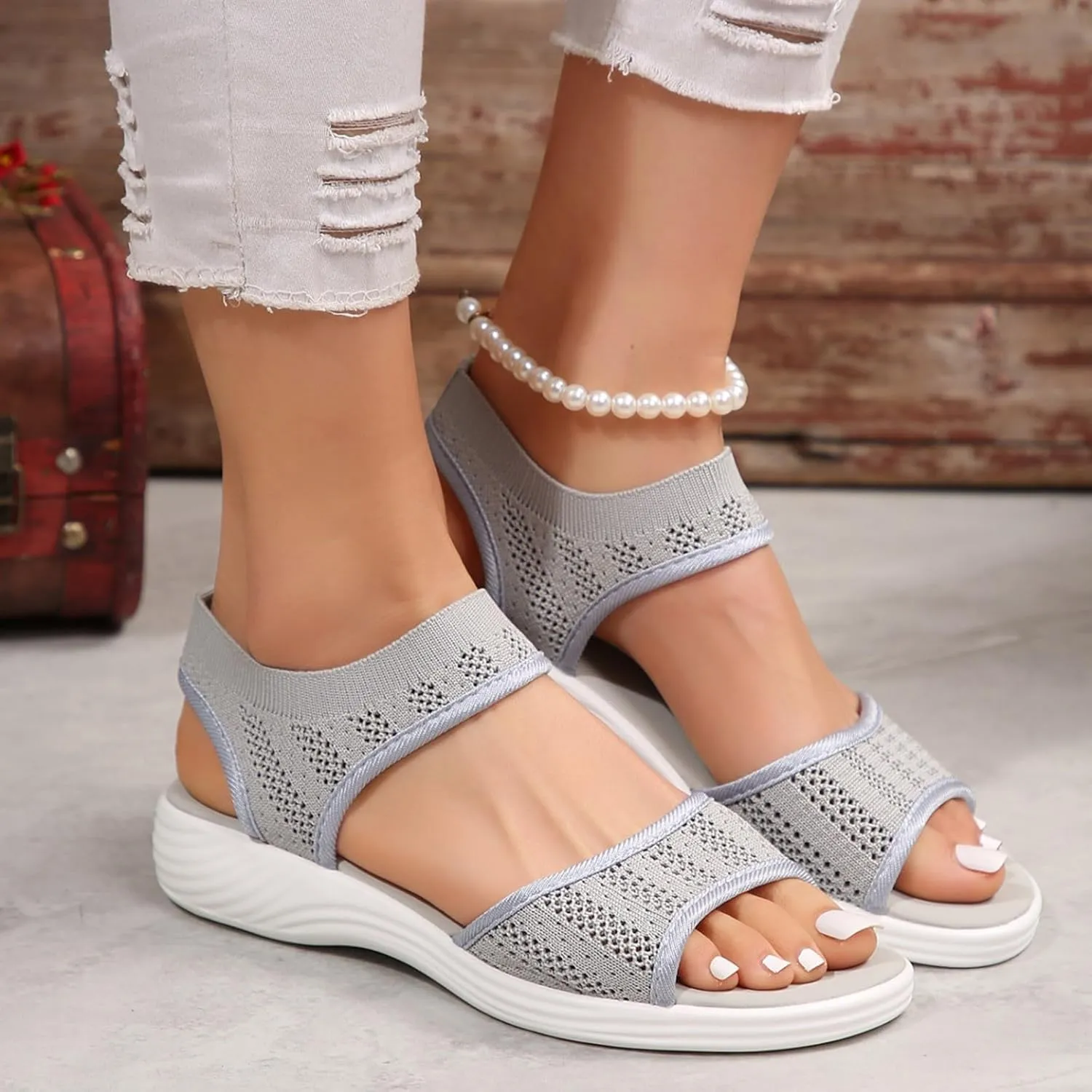 Women Summer Sandals Open Toe Slip On Dressy Sandal Hollow Elastic Ankle Strap Low Wedges Comfortable Beach Shoes