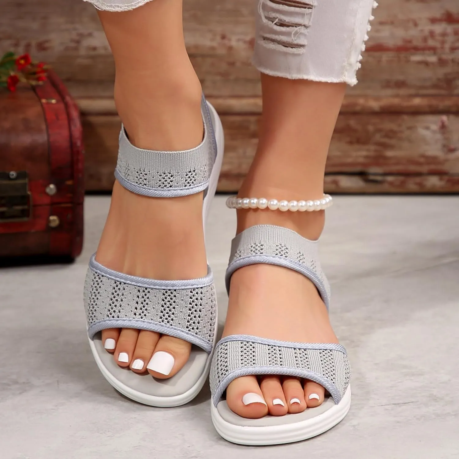 Women Summer Sandals Open Toe Slip On Dressy Sandal Hollow Elastic Ankle Strap Low Wedges Comfortable Beach Shoes