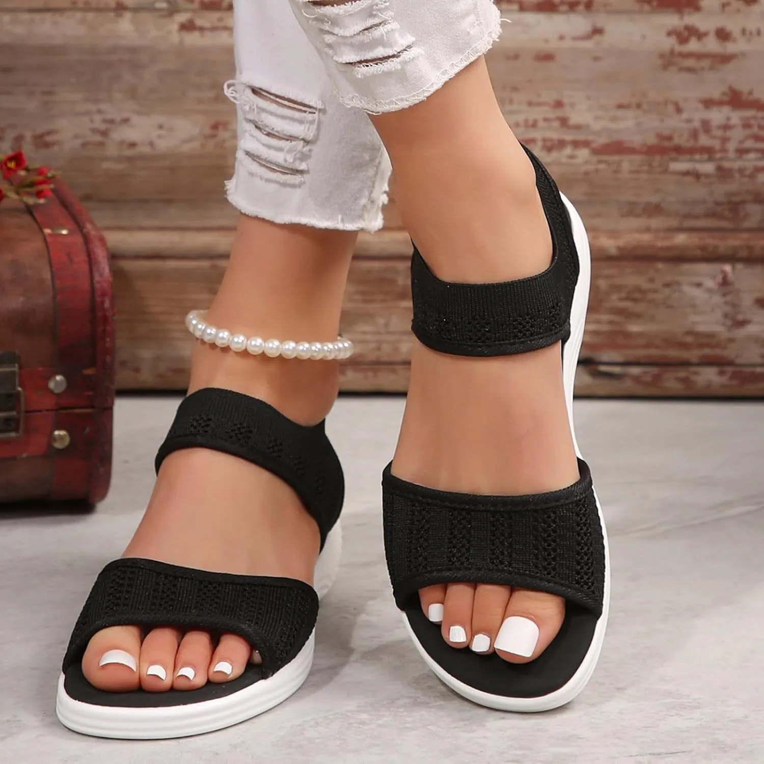 Women Summer Sandals Open Toe Slip On Dressy Sandal Hollow Elastic Ankle Strap Low Wedges Comfortable Beach Shoes
