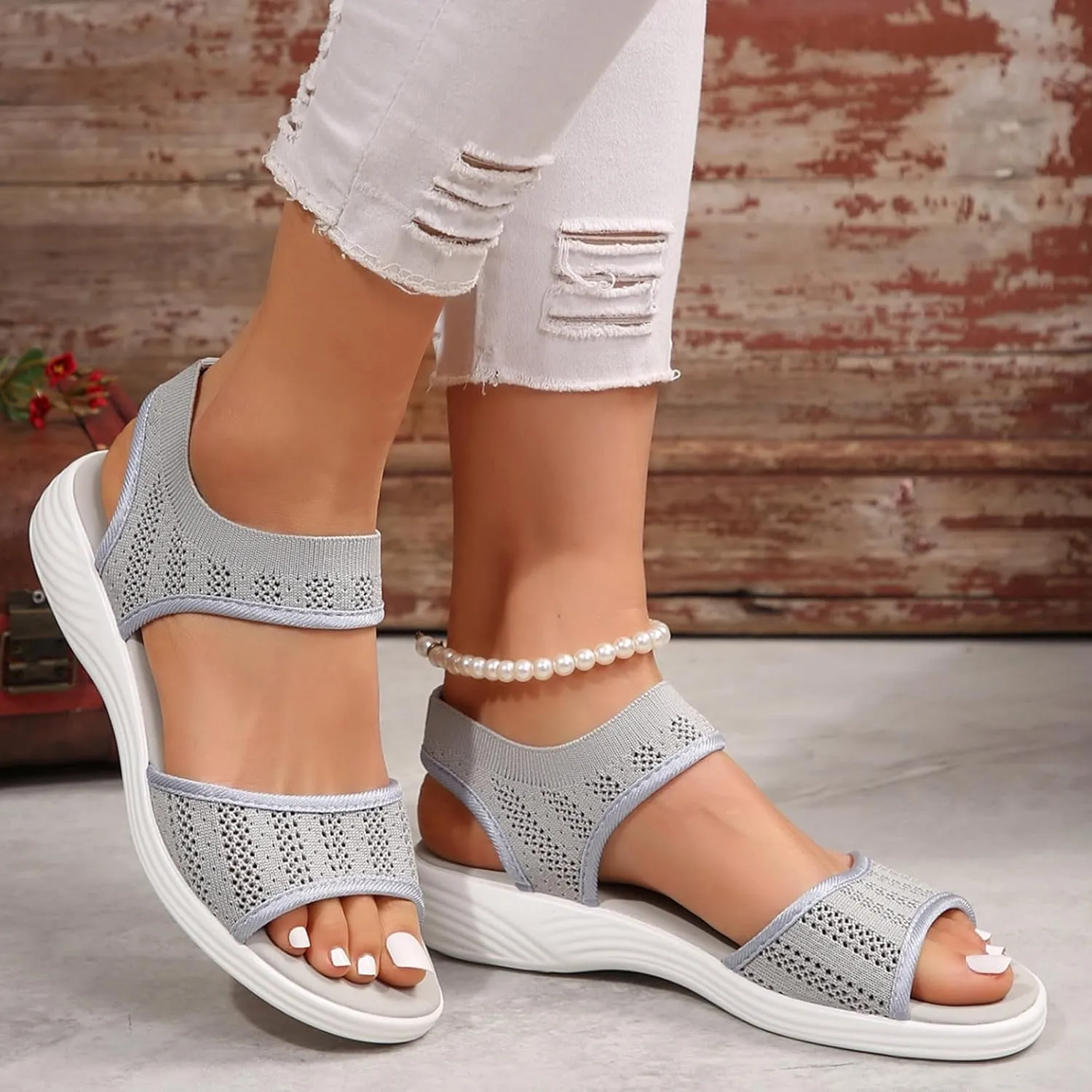 Women Summer Sandals Open Toe Slip On Dressy Sandal Hollow Elastic Ankle Strap Low Wedges Comfortable Beach Shoes