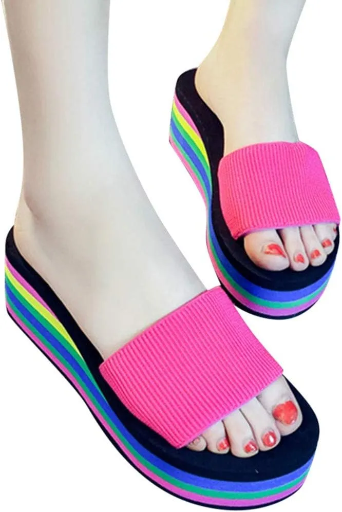 Womens Rainbow Platform Wedge Sandals Open Toe Casual Summer High Heel Slides Sandal Slip On Y2k Beach Slippers