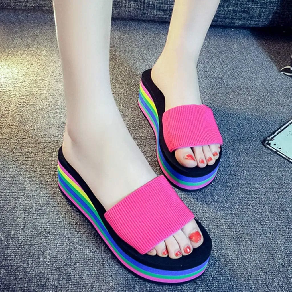 Womens Rainbow Platform Wedge Sandals Open Toe Casual Summer High Heel Slides Sandal Slip On Y2k Beach Slippers