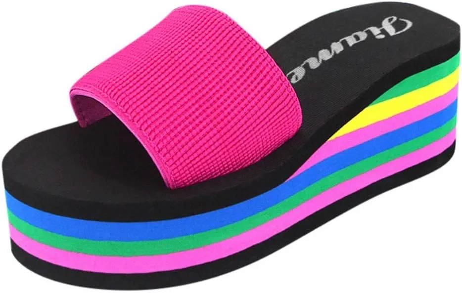 Womens Rainbow Platform Wedge Sandals Open Toe Casual Summer High Heel Slides Sandal Slip On Y2k Beach Slippers