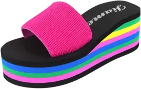 Womens Rainbow Platform Wedge Sandals Open Toe Casual Summer High Heel Slides Sandal Slip On Y2k Beach Slippers
