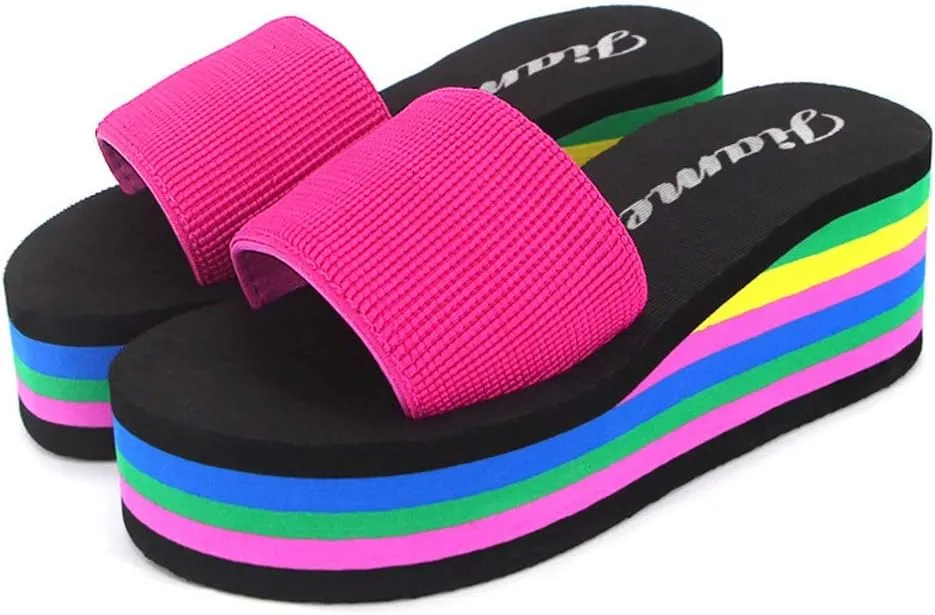 Womens Rainbow Platform Wedge Sandals Open Toe Casual Summer High Heel Slides Sandal Slip On Y2k Beach Slippers