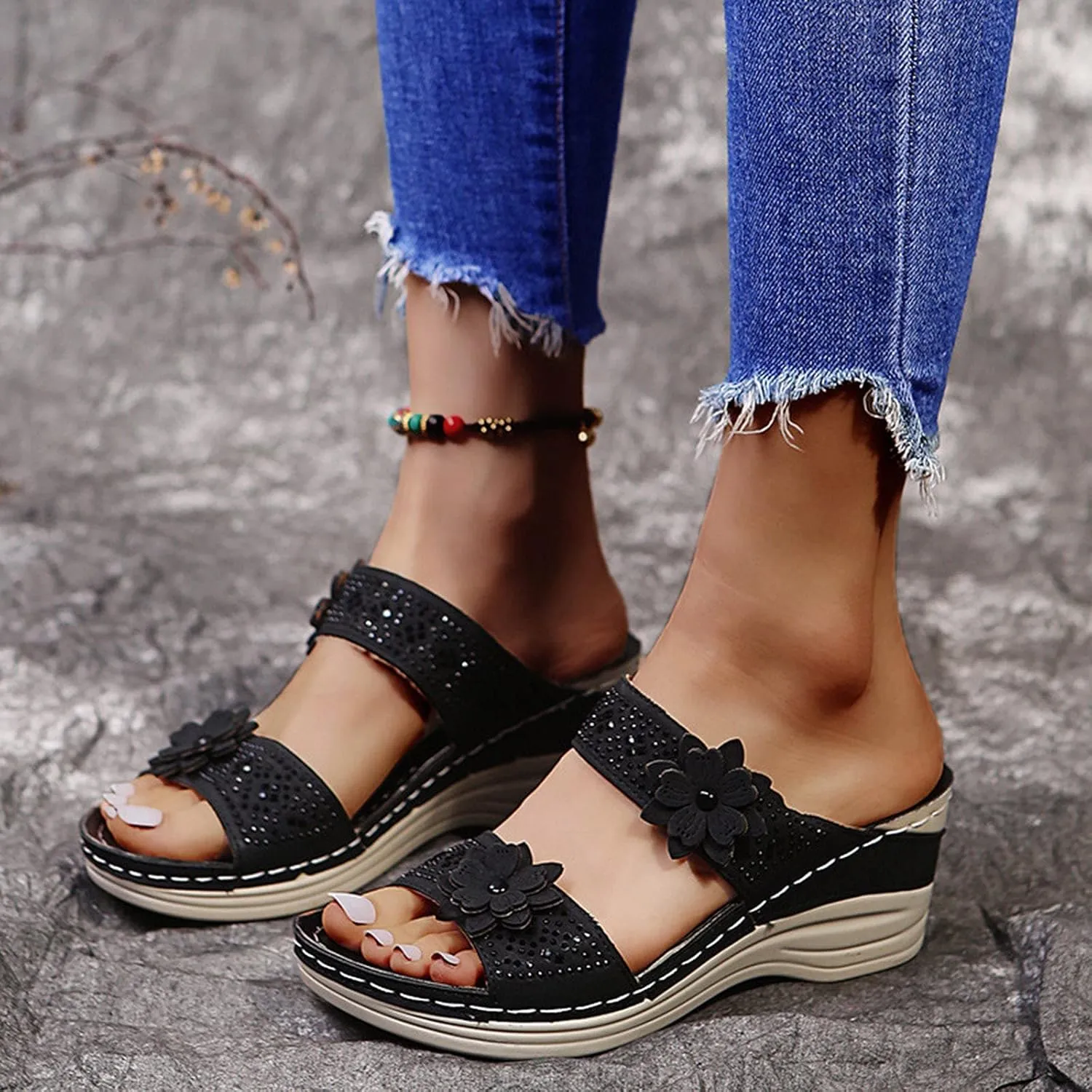 Women's Summer Sandals Arch Support Orthopedic Wedge Sandal Open Toe Slip On Platform Shoes Comfortable Walking Slides