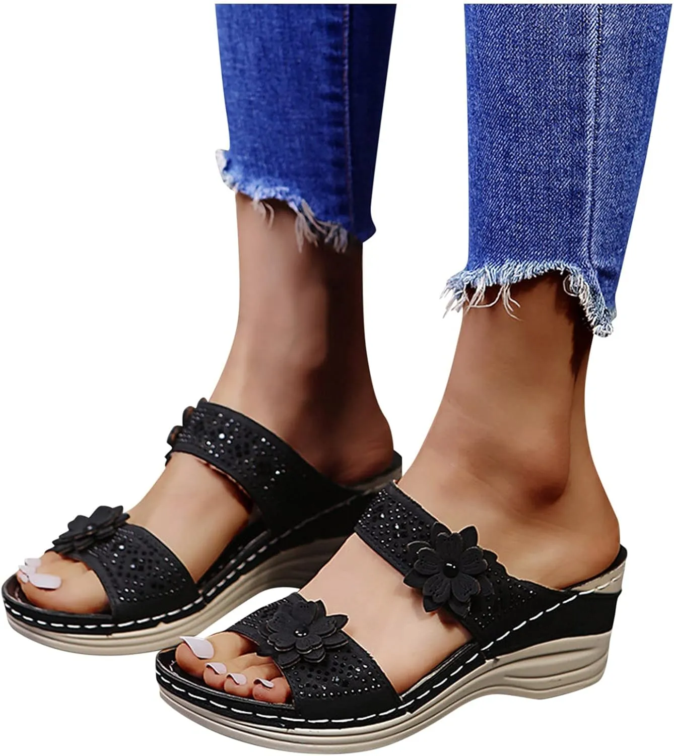 Women's Summer Sandals Arch Support Orthopedic Wedge Sandal Open Toe Slip On Platform Shoes Comfortable Walking Slides