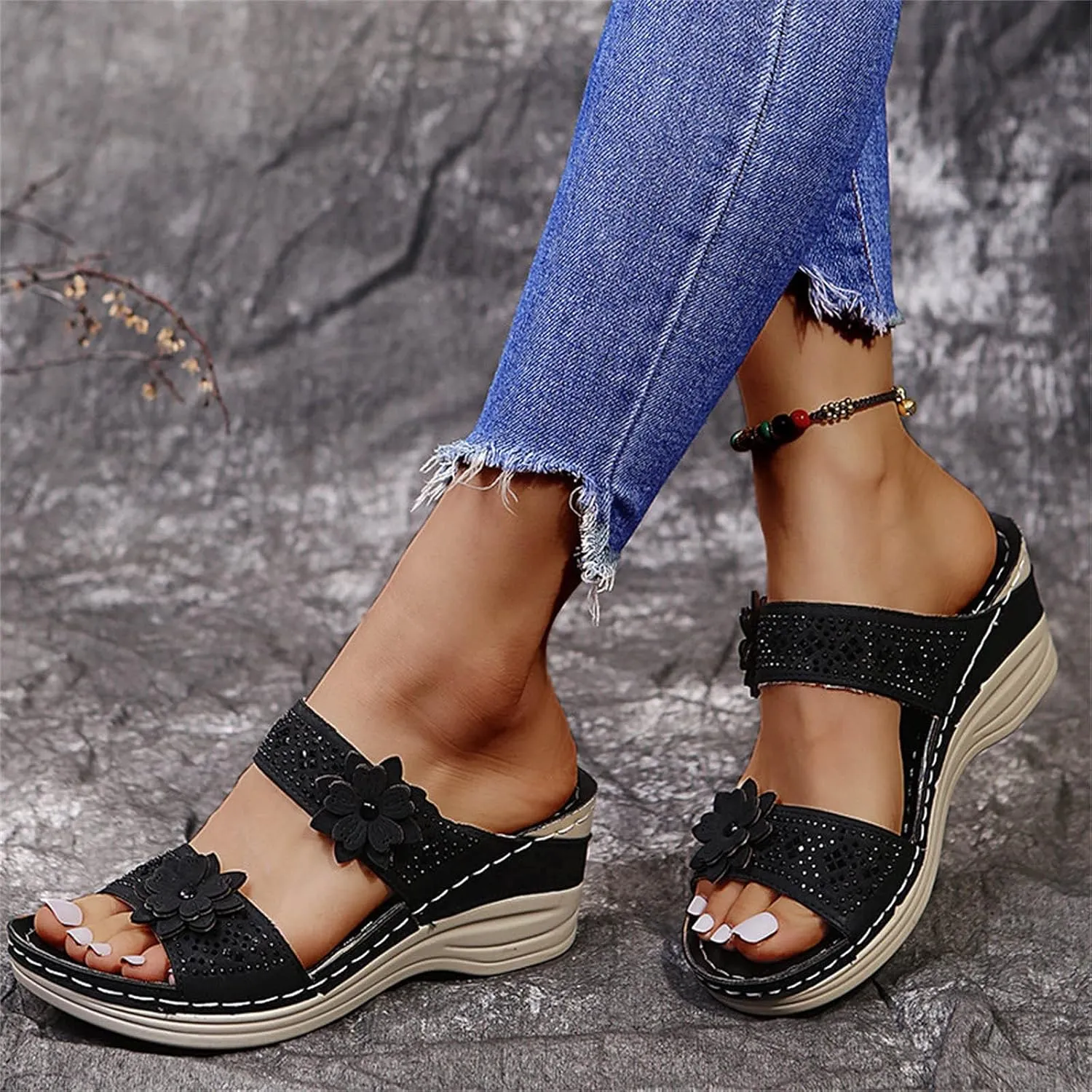 Women's Summer Sandals Arch Support Orthopedic Wedge Sandal Open Toe Slip On Platform Shoes Comfortable Walking Slides