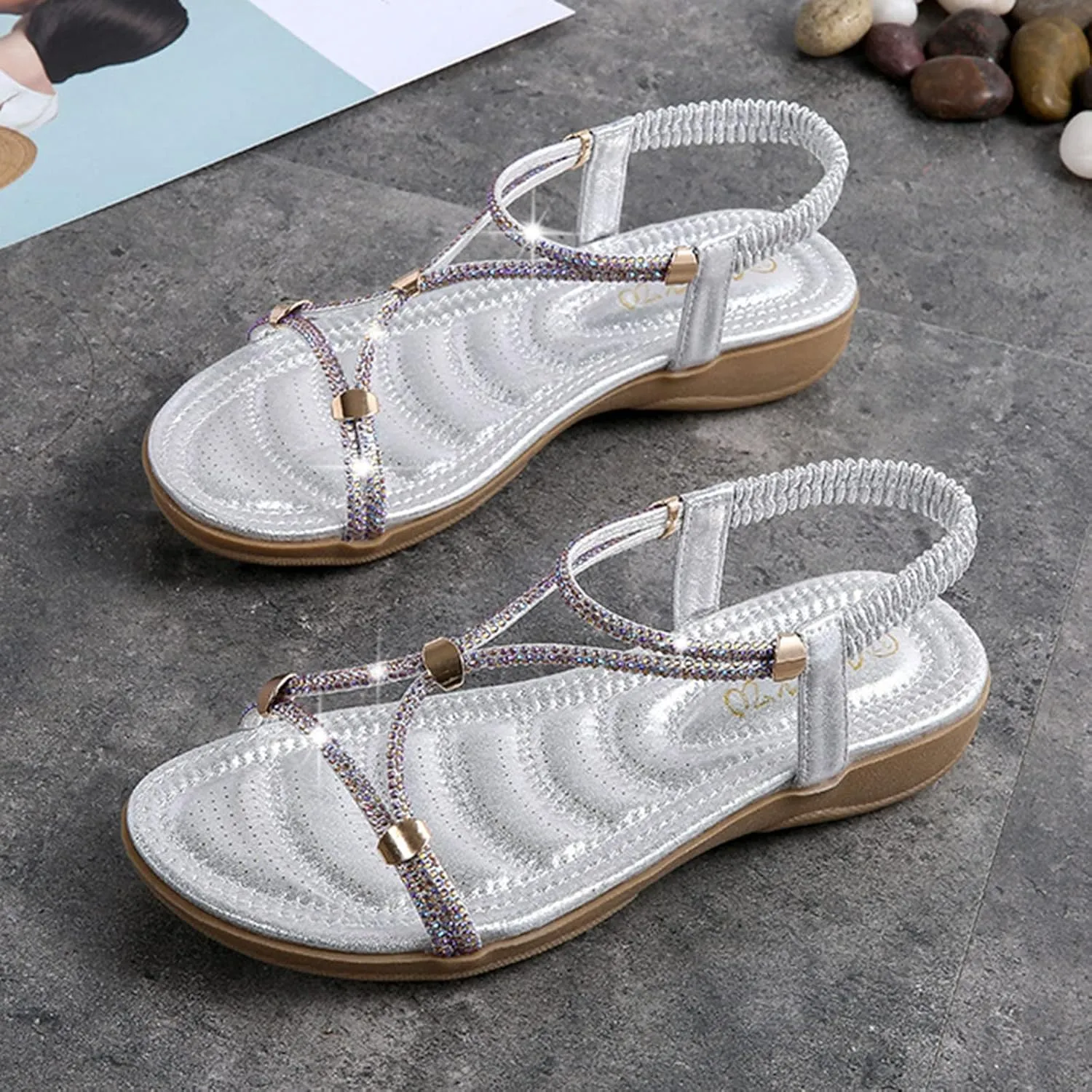 Women's Wedge Sandals Open Toe Elastic Ankle Strap Boho Sandals Slingback Arch Support Comfortable Sandals Beach Shoes