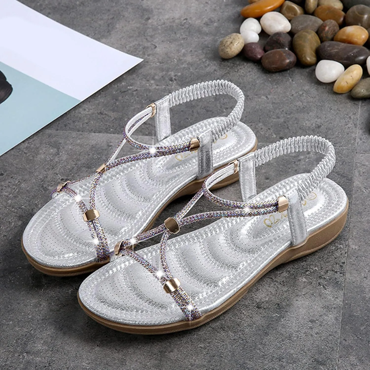 Women's Wedge Sandals Open Toe Elastic Ankle Strap Boho Sandals Slingback Arch Support Comfortable Sandals Beach Shoes
