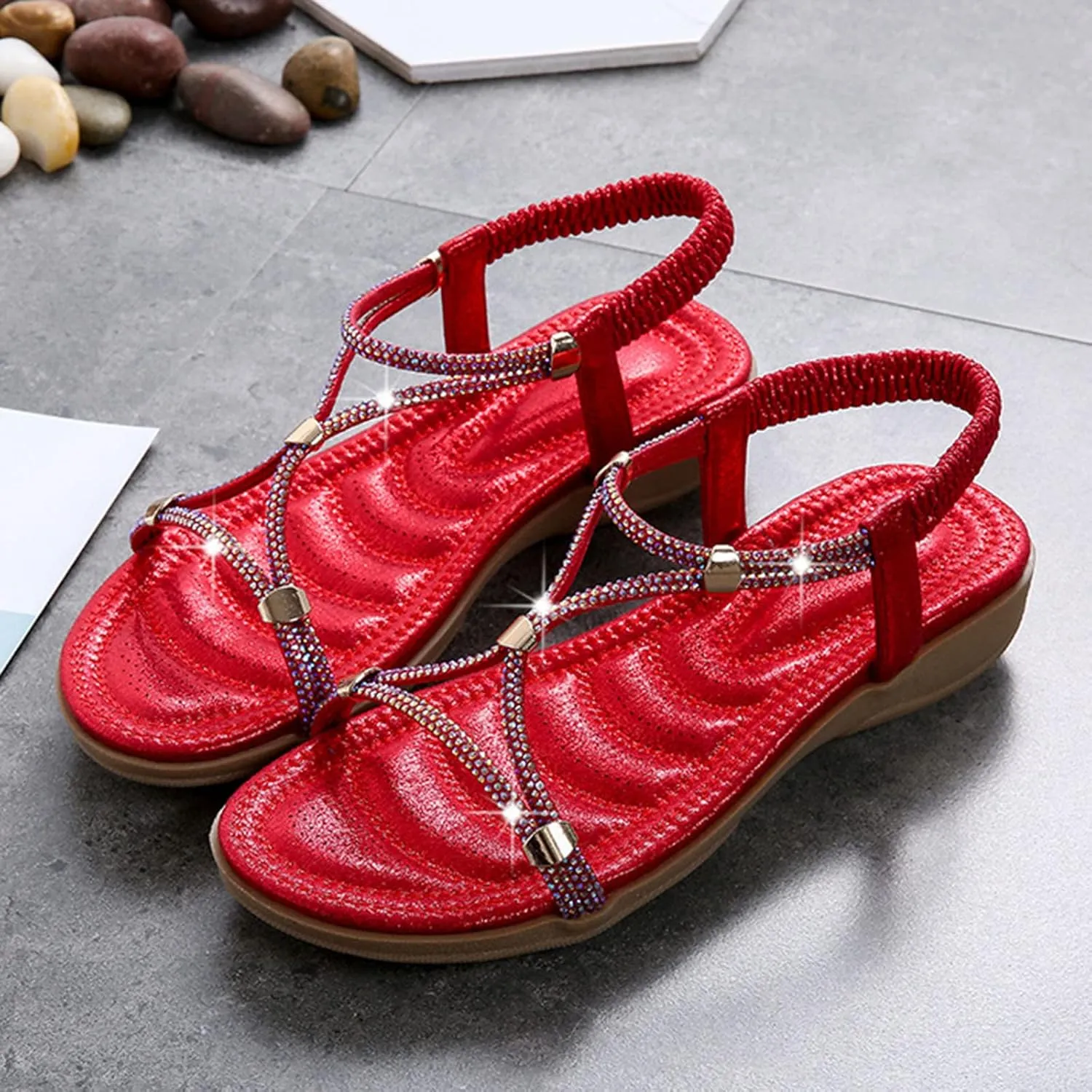 Women's Wedge Sandals Open Toe Elastic Ankle Strap Boho Sandals Slingback Arch Support Comfortable Sandals Beach Shoes