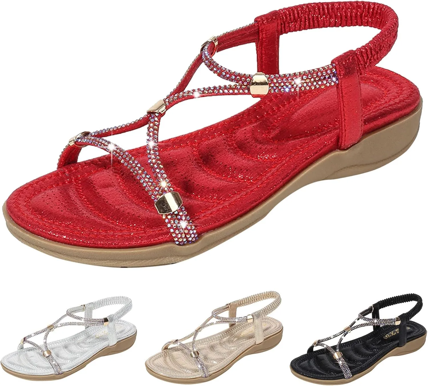 Women's Wedge Sandals Open Toe Elastic Ankle Strap Boho Sandals Slingback Arch Support Comfortable Sandals Beach Shoes