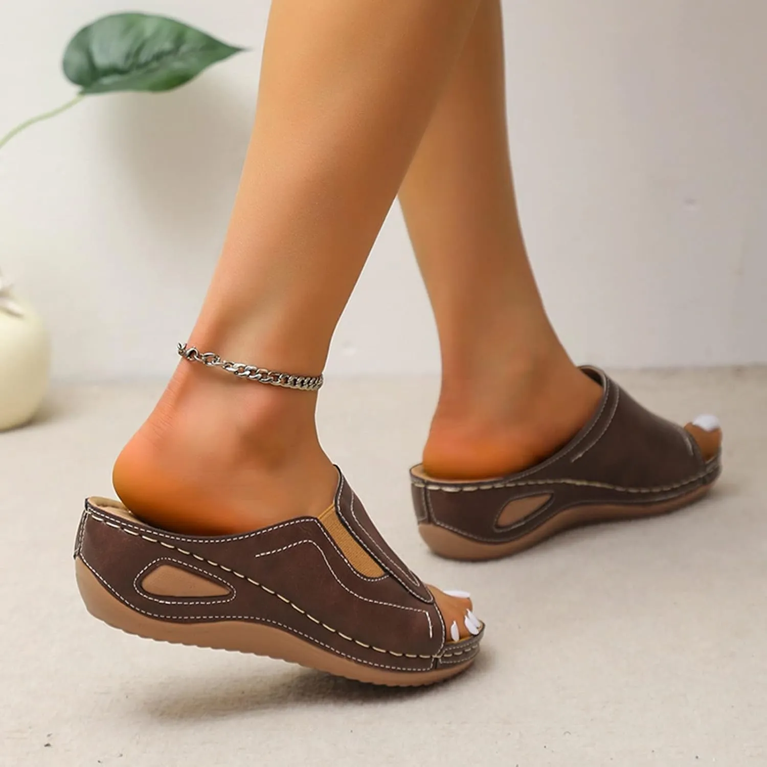 Womens Wedge Sandals Orthotic Comfort Walking Slides Platform Shoes Open Toe Slip On Summer Slippers with Arch Support