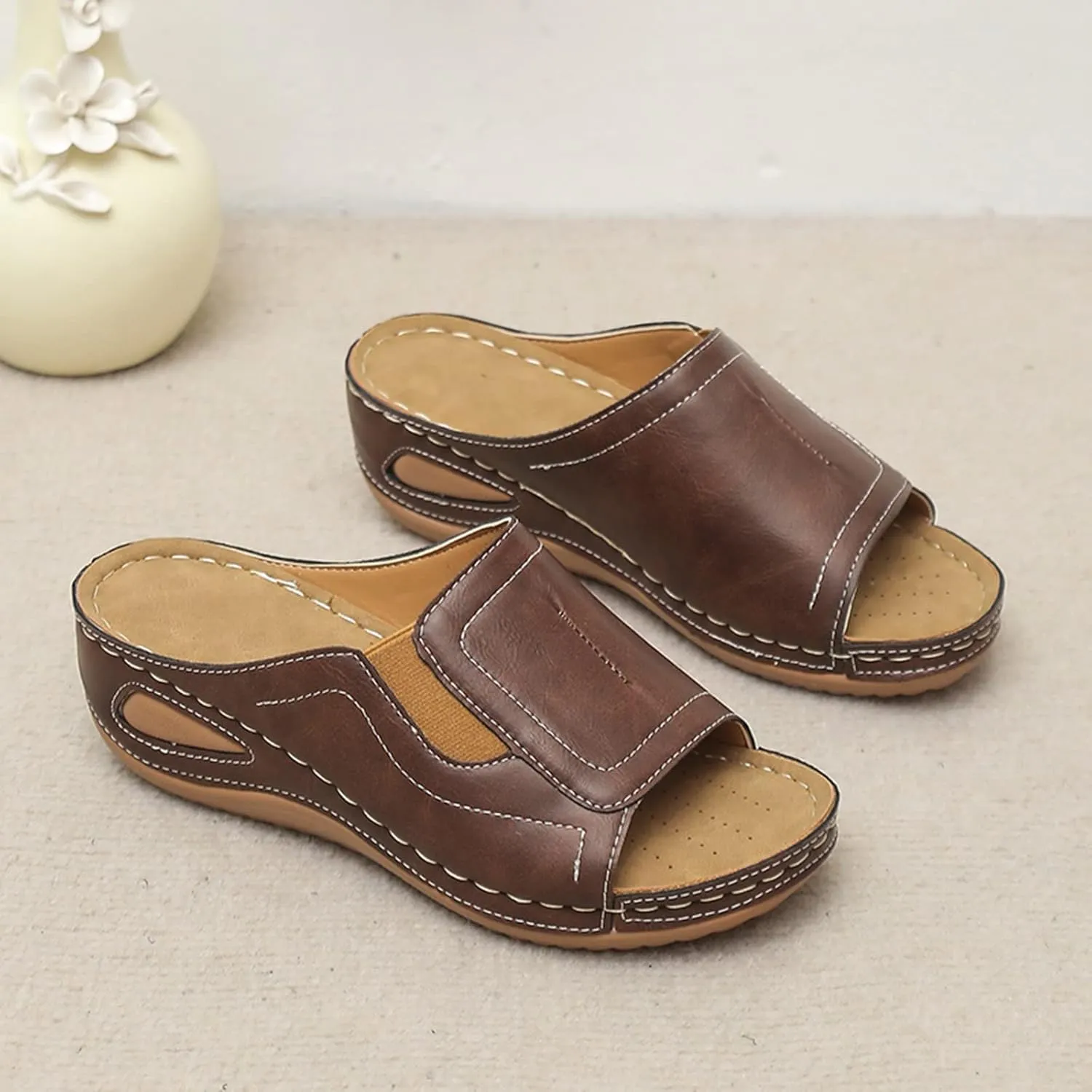 Womens Wedge Sandals Orthotic Comfort Walking Slides Platform Shoes Open Toe Slip On Summer Slippers with Arch Support